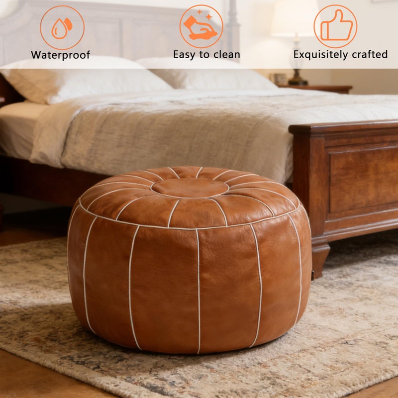 Thgonwid Unstuffed Moroccan Storage Pouf Foot Stool Ottoman Seat Handmade Faux Leather Bean Bag Floor Chair Foot Rest for Living Room, Bedroom or Balcony (Brown) - Image 2